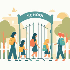 image of children with backpacks entering the school gate with a simple and minimalist flat design using a white background