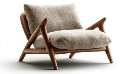 This image features a stylish, cozy chair with a unique wood frame and plush upholstery, combining comfort and modern aesthetics, ideal for interior design and furniture promotion.