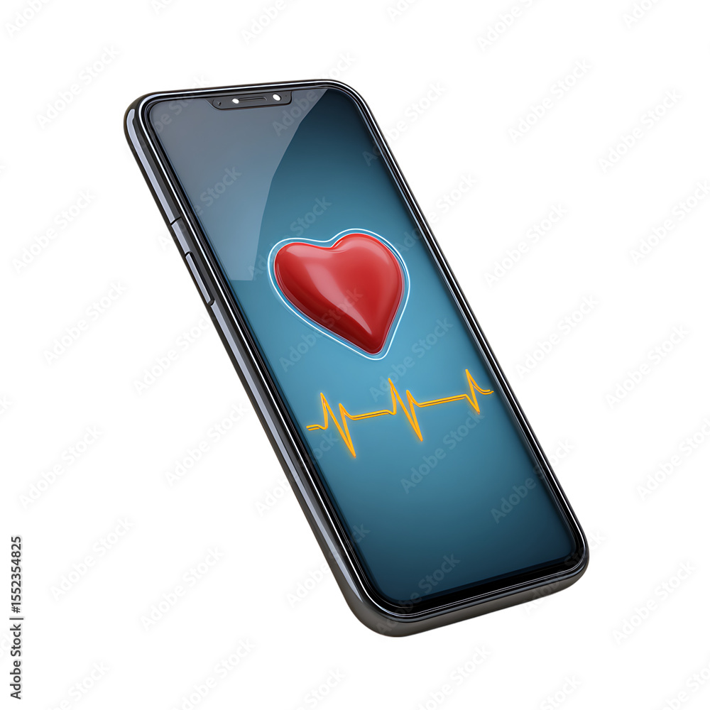 Poster modern smartphone displaying a vibrant red heart and heartbeat line isolated on transparent backgrou