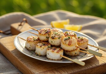 Grilled Scallops on Wooden Skewers with Lemon Wedges Served on Round Plate in Natural Outdoor Setting with Soft Lighting
