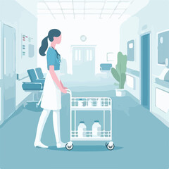 image of a nurse carrying a medicine trolley in a hospital corridor with a simple and minimalist flat design using a white background