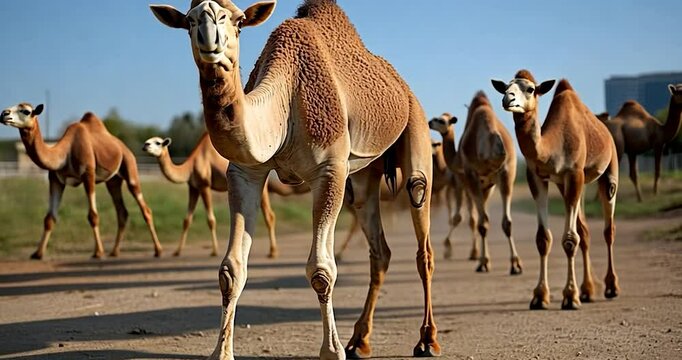 Camel herd walking on a dirt road under a clear blue sky, several camels in focus with natural sunlight illuminating their brown fur and the surrounding environment