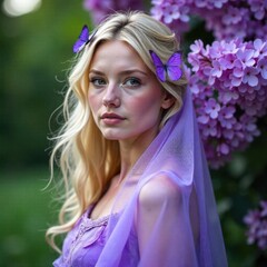 Blonde woman with long hair, wearing a sheer purple shawl and dress, with purple butterflies in her hair. She stands near blooming lilac flowers, gazing softly at the camera