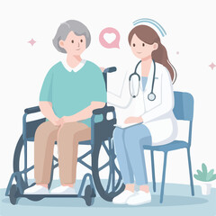 image of a patient sitting in a wheelchair and accompanied by a nurse with a simple and minimalist flat design using a white background