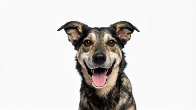 Upward-facing portrait of a smiling dog with its mouth open and tongue out, showcasing dark fur against a bright white background.