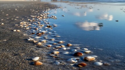 Beach shoreline with seashells resting at water's edge, a relaxing ocean view with reflections of sky