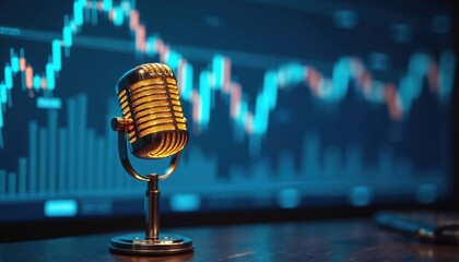 Retro microphone glowing against blue stock market chart background. Suitable for podcast radio, financial news report or business analysis. Concept of audio communication media tech and investment.