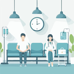 image of a hospital waiting room with patients sitting neatly with a simple and minimalist flat design using a white background