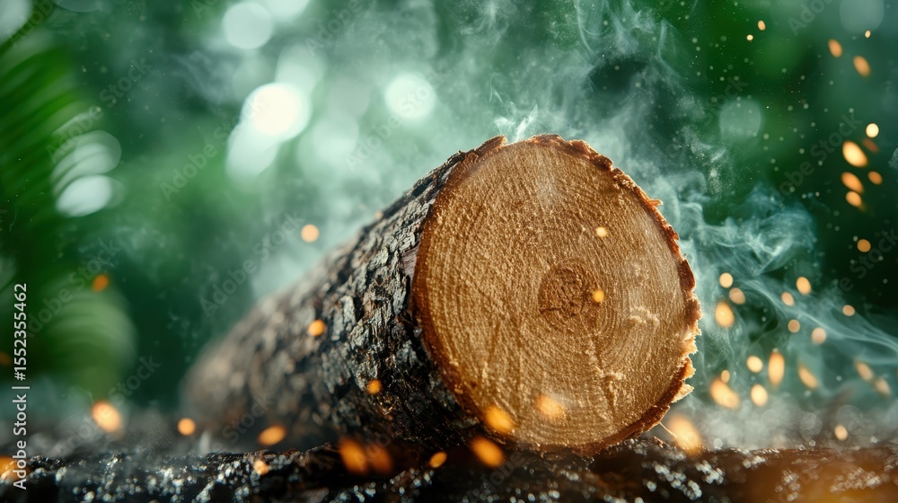 Poster a close-up view of a log showcases its intricate texture, illuminated by soft smoke and vibrant spar