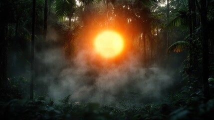 Obraz premium A breathtaking view of a setting sun casting a warm glow over a lush tropical jungle, enveloped in mist, capturing the serene beauty and tranquility of nature at dusk.