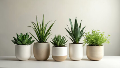 Fototapeta premium Collection ornamental succulent plants ceramic pots. Variety houseplants, interior decor, home, office. Minimalist style, neutral background. Design elements for eco living.