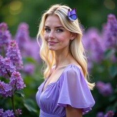 Smiling woman with long blonde hair, wearing a light purple dress, stands among blooming lilac flowers. A purple butterfly rests on her hair. Soft focused lilacs create a serene ambiance