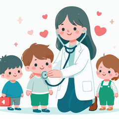 image of a doctor using a stethoscope to examine a child with a simple and minimalist flat design using a white background
