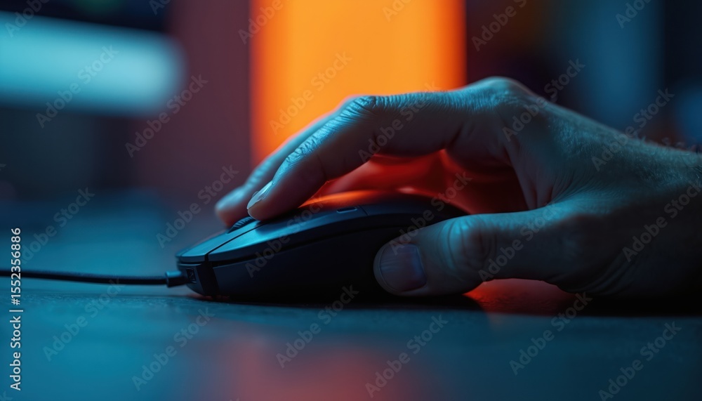 Poster hand uses computer mouse. person clicks scrolling wheel on the desk. modern tech tools, internet nav