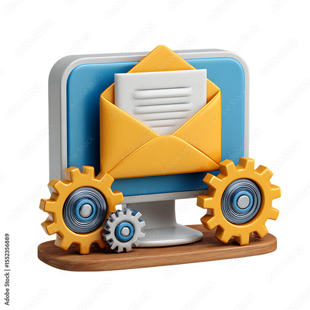Poster computer screen displaying an open envelope with a letter and gears isolated on transparent backgrou