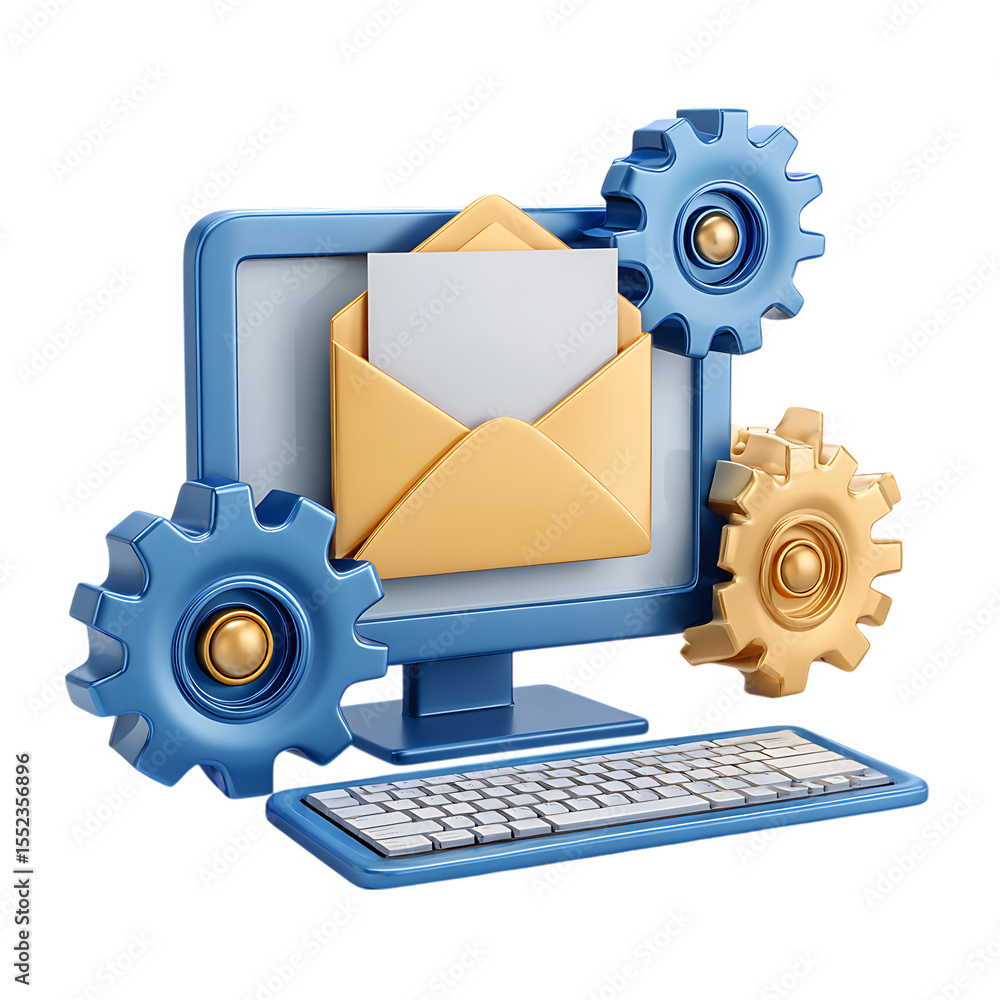 Aufkleber computer with email and gears illustrating digital communication and workflow isolated on transparen