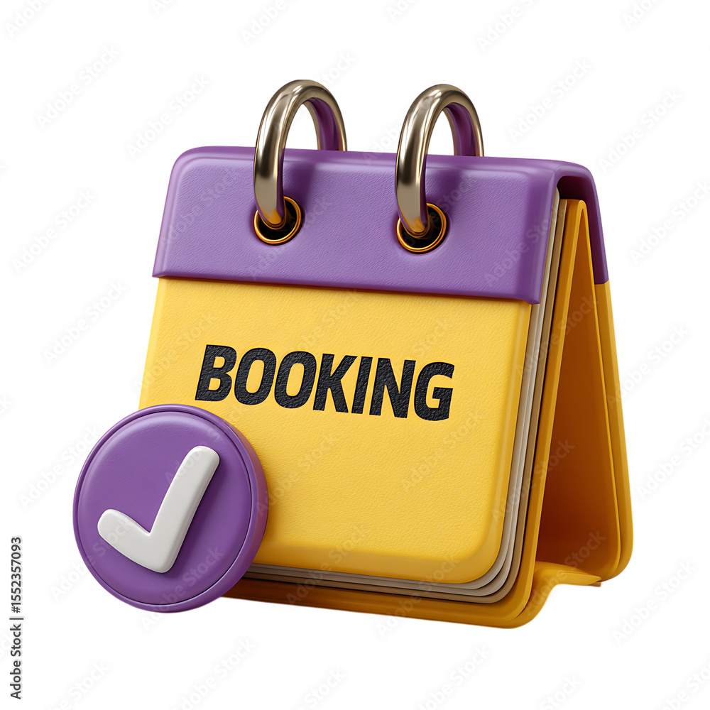 Poster 3d calendar icon with booking text and check mark isolated on transparent background