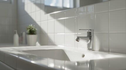 Fototapeta premium minimalist white bathroom with clean sink and natural bright lighting