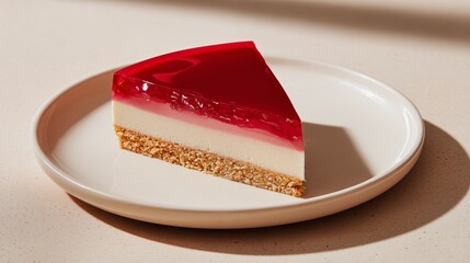 realistic cheesecake slice with red top and biscuit base on ceramic plate