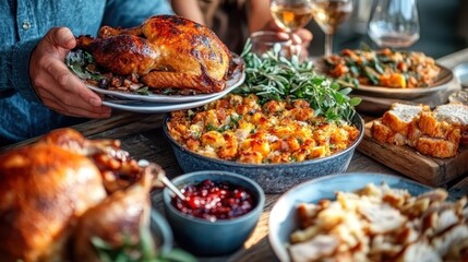 A festive Thanksgiving dining table filled with delicious roasted turkey, savory side dishes, and wine, showcasing the joy of family gatherings and celebratory meals.