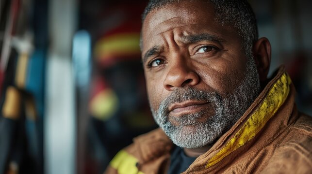 A close-up portrait of a brooding firefighter in protective clothing, reflecting deep commitment and courage, emblematic of bravery and service within emergency response teams.
