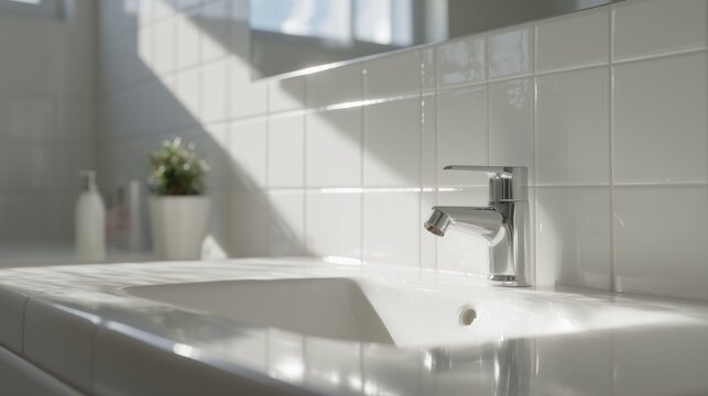 minimalist white bathroom with clean sink and natural bright lighting