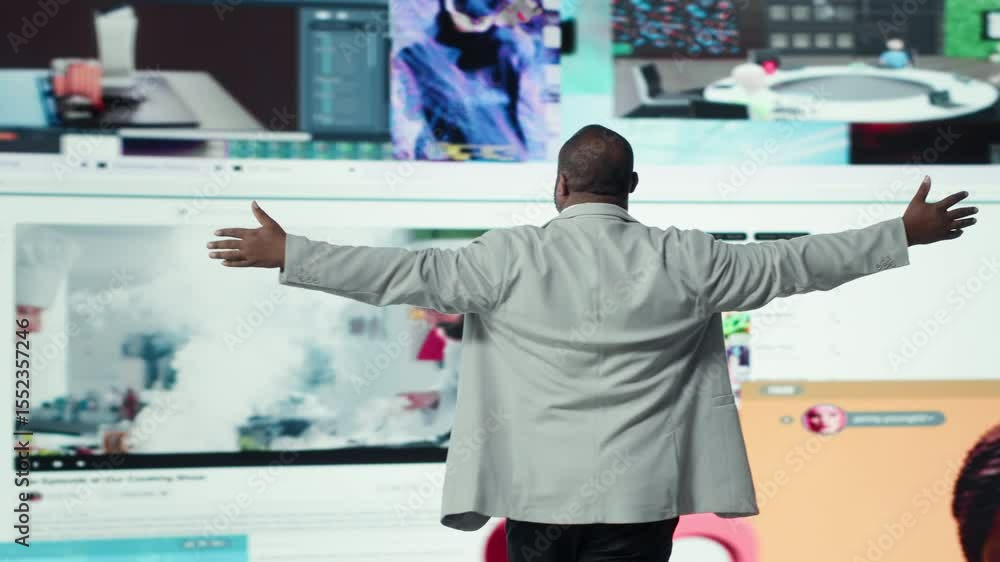 Poster ecstatic viewer celebrating freedom of unlimited video content in virtual space. delighted african a