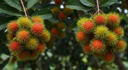 Vibrant clusters of rambutans ripe for harvest, showcasing intricate spiky textures and vivid colors in a tropical orchard setting