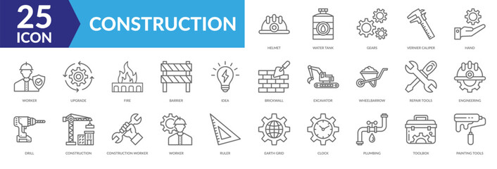 Waste management icon collection set. Containing Helmet, Water Tank, Gears, Vernier Caliper, Hand, Worker, Upgrade, Fire,Barrier, Idea