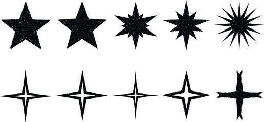 Grunge star set. Shine sparkle vector symbols