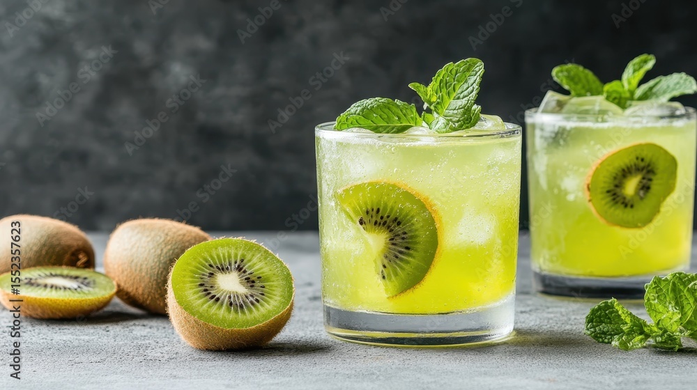 Poster the image features vibrant kiwi fruit mocktails adorned with fresh mint, creating a refreshing and v