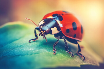 Close-Up of Vibrant Ladybug Crawling on Green Leaf with Soft Bokeh Background