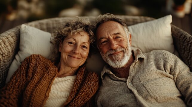 This heartwarming image features a happy senior couple relaxing comfortably together outdoors, radiating love, joy, and companionship, ideal for family, relationships, and wellness themes.