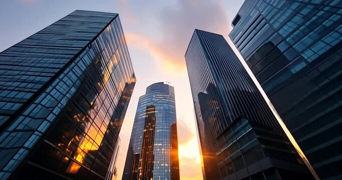 Low angle video shot of modern skyscrapers with reflective glass facades against a vibrant orange and blue sunset sky. Focus on architectural details and city skyline