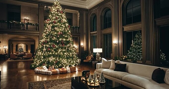Elegant living room decorated for Christmas featuring a large illuminated tree with gifts and warm ambient lighting perfect for holiday celebrations shot from video footage