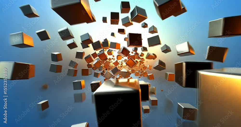 Aufkleber video showing a burst of golden cubes against a blurred cityscape backdrop with sunlight flare. the 