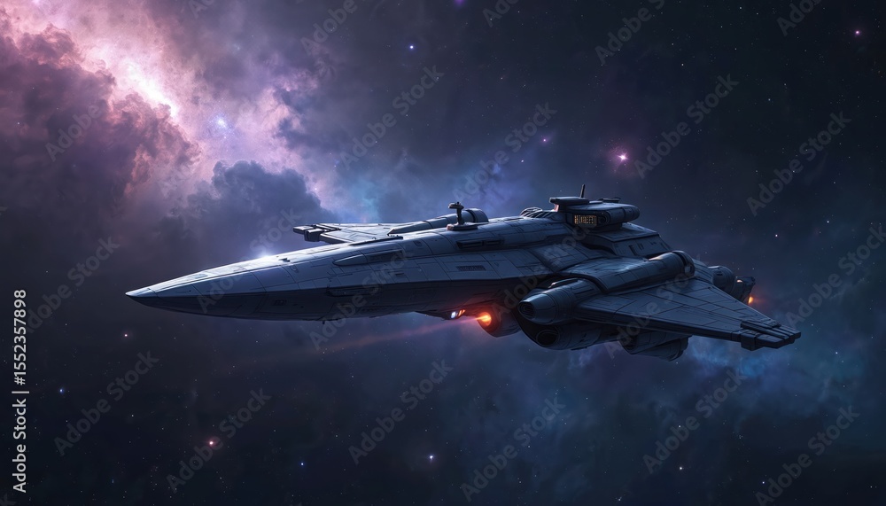 Aufkleber Futuristic spaceship in deep space. Spaceship exploring galaxy with stars and nebulae background. Science fiction illustration of spacecraft in cosmos. Journey to interstellar travel.