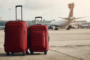 Red Suitcases at Airport with Blurred Airplane in Background During Daytime Travel Scene