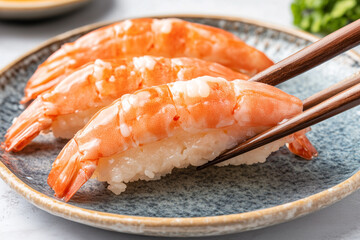 Fresh Shrimp Sushi Beautifully Arranged on a Plate with Elegant Presentation for Gourmet Cuisine