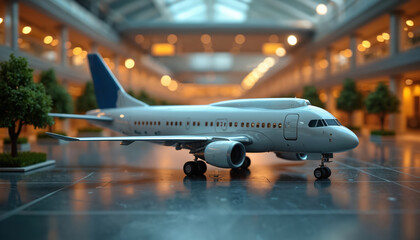 Fototapeta premium Detailed model airplane displayed in modern architectural setting with ambient lighting. Scene features urban cityscape, showcasing innovation in design. Perfect for travel, tourism tech concepts.