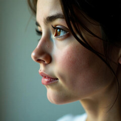 Fototapeta premium Close-up of a young woman's profile with focus on her expressive brown eyes, light freckles, and soft features. Her dark hair partially frames her face, creating a gentle, contemplative look