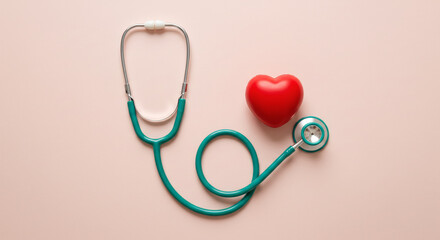 Fototapeta premium Stethoscope and red decorative heart on pale pink background, Cardiology 03