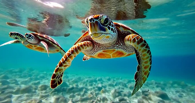 Two sea turtles swimming underwater with bright turquoise water background sunlight and sandy sea bottom
