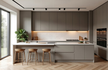 Modern kitchen interior design with a white and beige color palette. Features a bar with stools wooden floor. Natural light from large window. Stylish furniture appliances create home atmosphere.