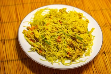 Traditional Asian food rice noodles known as bifum, with chicken, vegetables and curry