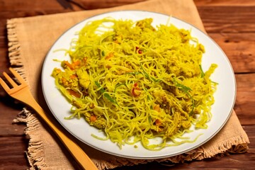 Traditional Asian food rice noodles known as bifum, with chicken, vegetables and curry