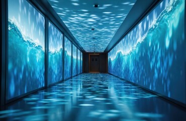 Immersive ocean wave projection in modern hallway. Blue water light design, ceiling, floor reflect. Art installation, interior, architectural abstract. Dynamic movement, flowing, depth, aesthetic.