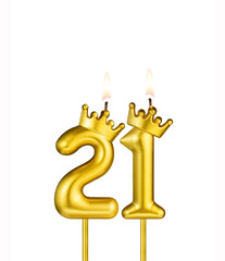 Golden candle with crown number 21 - White background
