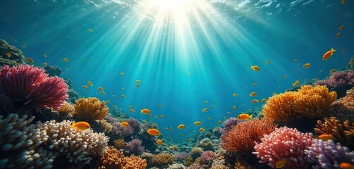 Naklejka premium Vibrant underwater coral reef with sunlight rays. Colourful marine life including fish. Underwater world, ocean scenery, sunlight, ray, sunbeam, sea life, aquatic ecosystem.