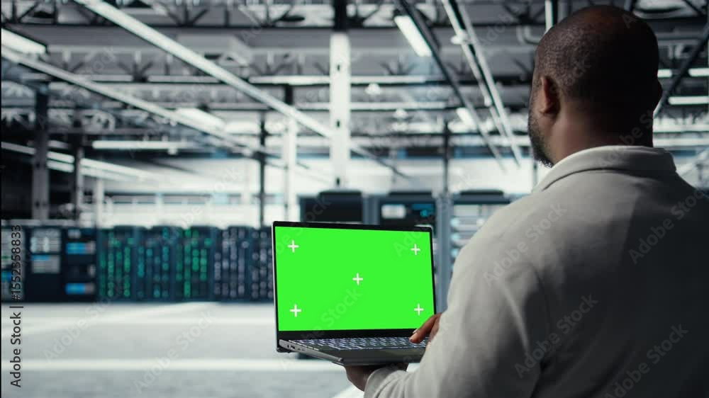 Poster data center admin using isolated screen laptop to monitor neural network ai. server room employee us